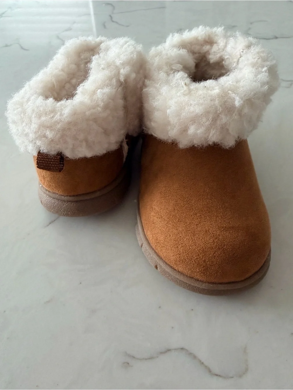 Carter's Chestnut Suede-Look Kids Slip-On Booties with Cream Faux-Shearling Cuff